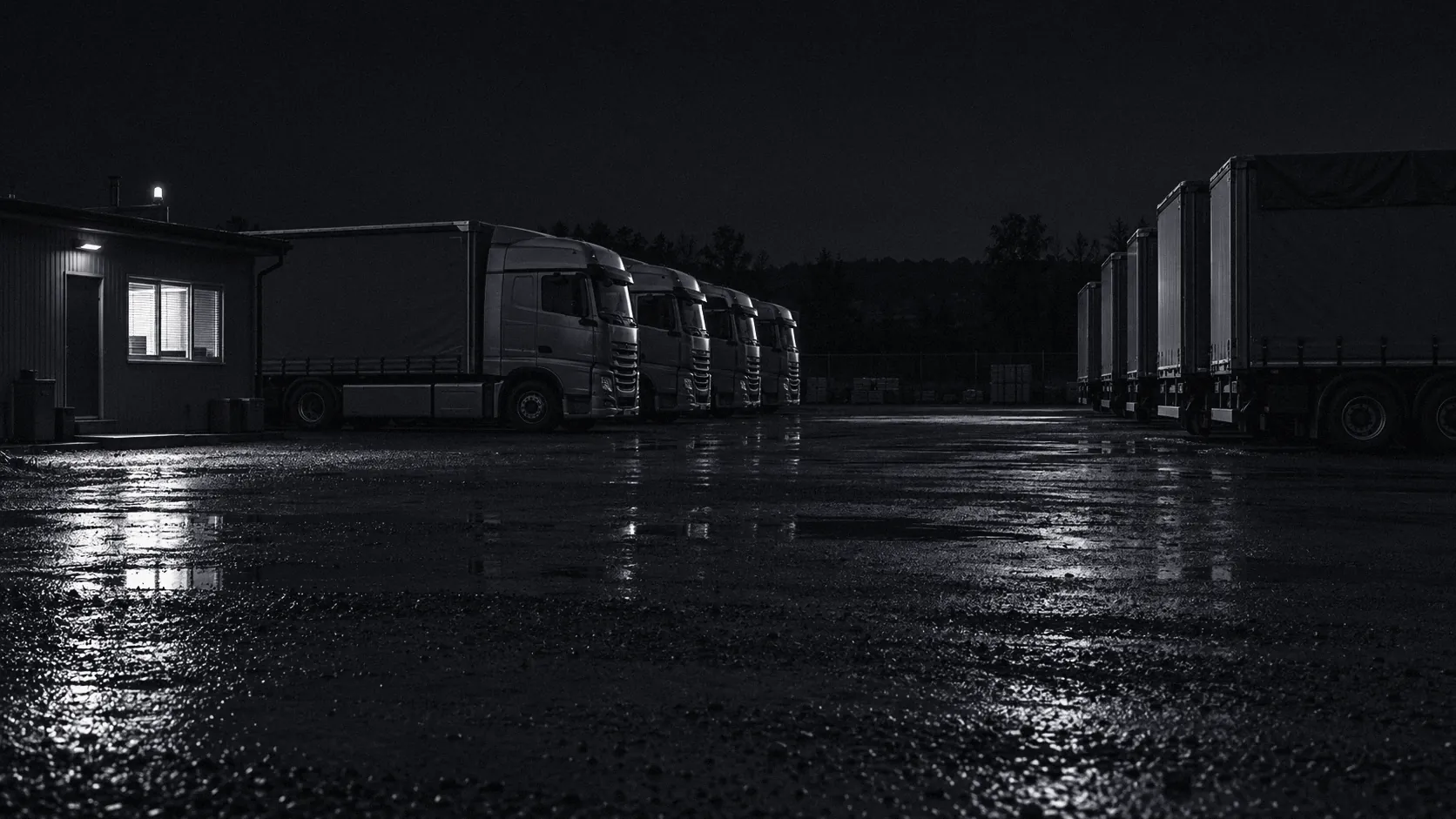 Illustrative small truck yard at night, with an illuminated operations office